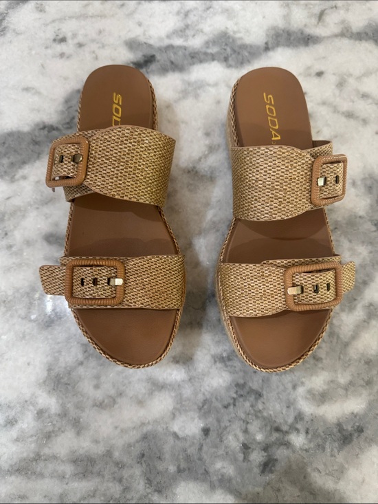 Soda Shoes - Soda Women’s Tan Woven Double-Buckle Slide Sandals